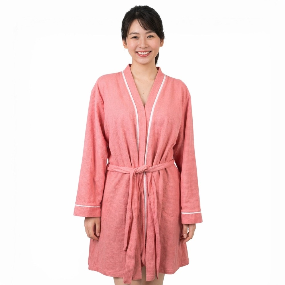 Carole Hochman Coral Pink Waffle Knit Short Robe‎ White Trim Plus 2X Loungewear